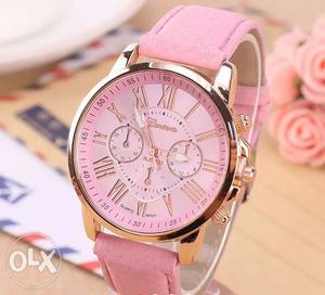 Round Gold Chronograph Watch With Pink Leather Strap