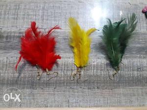 Three Pair Of Red, Yellow, And Green Feather Hook Earrings