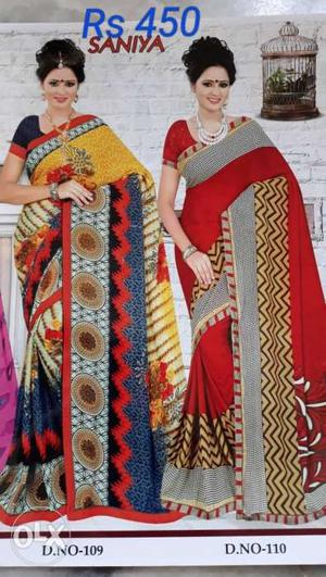 Two Women's Red And Yellow-and-black Sari Dresses Catalog