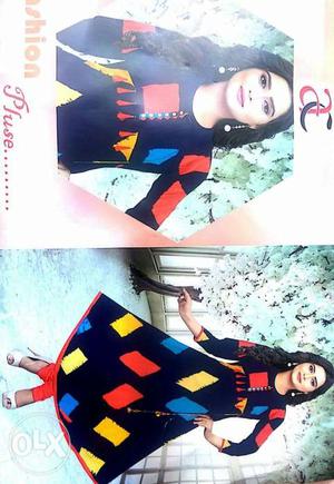 Women's Black And Multicolored Long-sleeved Dress kurti