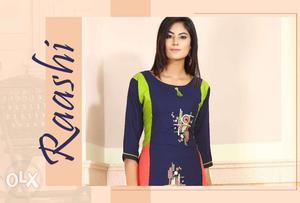 Women's Blue And Green Shalwar Dress With Text Overlay