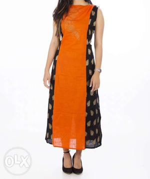 Women's Orange, Black, And Beige Floral Sleeveless Dress