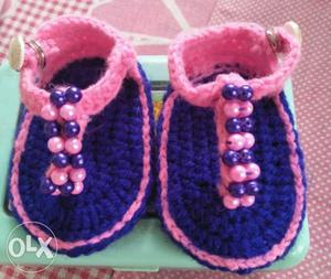 Pair Of Pink-and-black Knitted Shoes