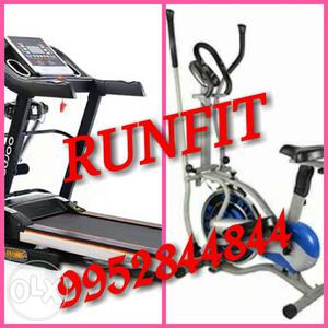 Two Black Motorized Treadmill And Gray Elliptical Trainer