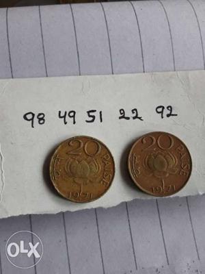 Two Round  Copper 20 Indian Paise Coins
