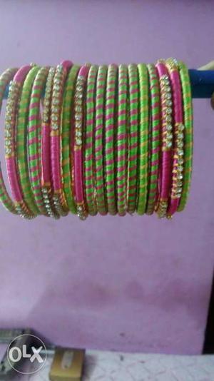 Green And Pink Silk Thread Bangle Lot