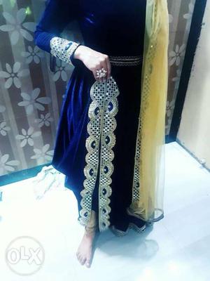 Navi blue velvet dress with golden net dupatta