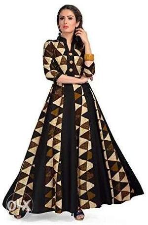 Women's Brown, Black, And Beige 3/4-sleeved Anarkali Dress