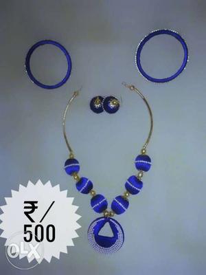 Blue Pendant Necklace, With Earrings And Two Bangles Set