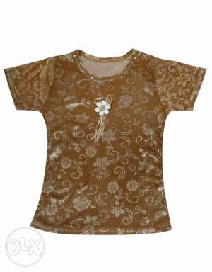 Brown And Beige Floral Crew-neck Cap-sleeved Shirt