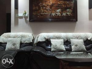 Brown PU leather sofa set; a 3-seater, 2-seater