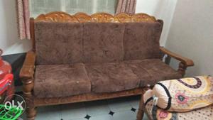 Brown Wooden Framed Brown Fabric Padded 3-seat Sofa
