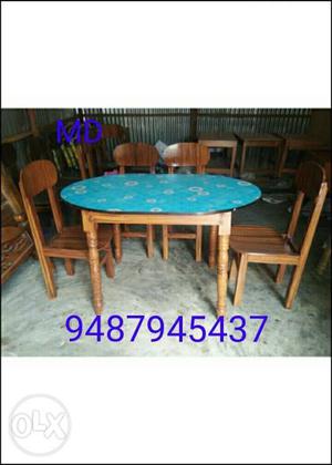 Round Blue Wooden Table With Four Chairs Dining Set