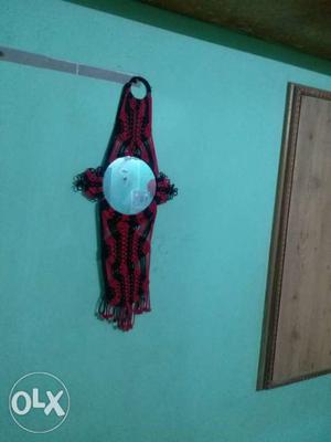 Round Wall Mirror With Red And Black Textile Frames