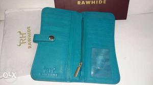 Teal Rawhide Leather Long Wallet With Box