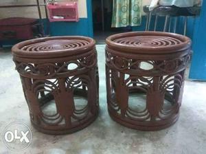 Two Round Brown Wooden Stools