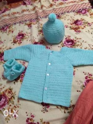 Baby's Blue Knit Sweater And Beanie