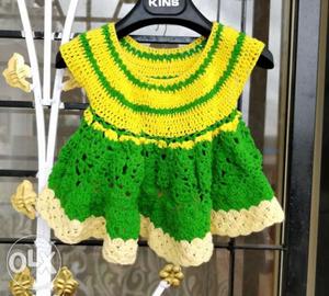 Green And Yellow Knitted Cap-sleeved Dress