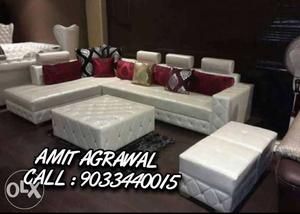 Quilted White Leather Sectional Sofa Set