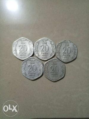 Five coins of 20 paise from year 