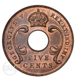 5 cents of East Africa. Governer:KING GEORGE V.