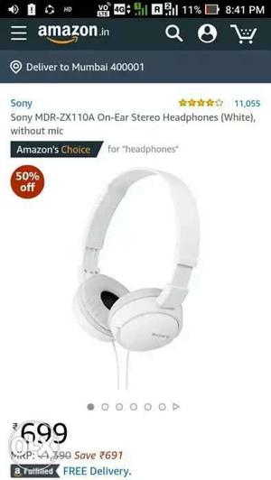 White Sony MDR-ZX11OA On-ear Stereo Headphones Screenshot