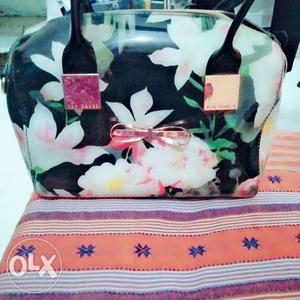 Black, White, And Green Floral Tote Bag