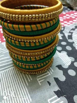 Green And Gold Silk-thread Bangles