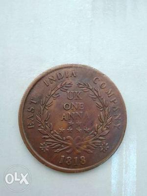 Round  Copper-colored 1 Indian Anna Coin