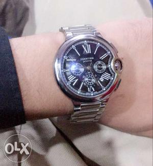 Round Silver Chronograph Watch With Link Bracelet