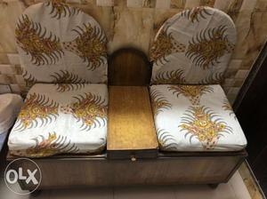 Brown Wood-framed Floral Padded 2-seat Chair
