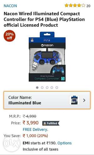 Nacon illuminated blue wired controller for ps4