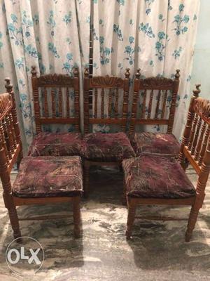 6 (Teak) Wooden Framed Brown Padded Chairs