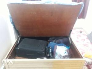 Brown Wooden Storage Box With Blue Plastic Container