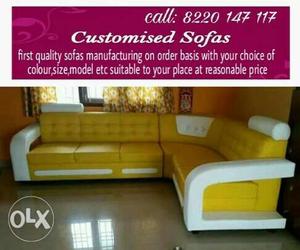 Full yellow with white color L shaped corner type sofa