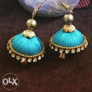 Pair Of Teal Silk-thread Jhumka Earings