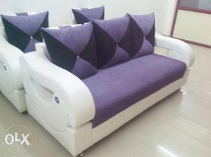 Purple And White 5 seat sofa set made up of koreal fabric