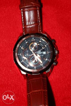 Round Black Chronograph Watch With Black Leather Strap