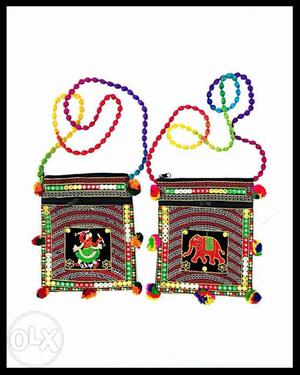 Two Beaded Multicolored Necklaces Pouches