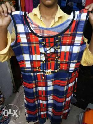 Blue, Red, And White Plaid Sleeveless Dress