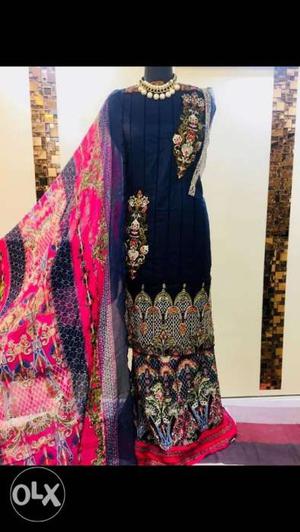 Cotton Embroidered Suit With Chiffon Dupatta