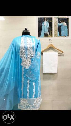 Cotton self embroidered suit with nazneen pearl