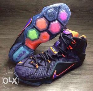 Pair Of Black-and-purple Nike Basketball Shoes