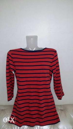 Red And Black Striped Crew-neck Long-sleeved Shirt