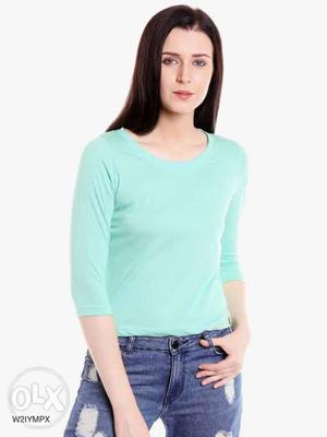Women's Teal Scoop-neck Long Sleeve Shirt