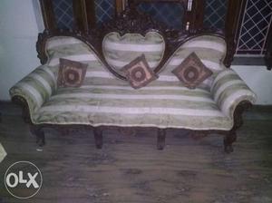 Beige And White Striped Padded 3-seat Sofa And Three Throw