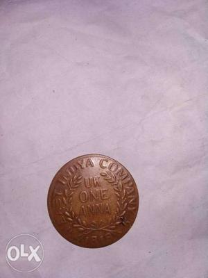 Round Copper-colored 1 UK Indian Anna Coin