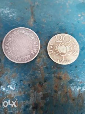 Two Silver-colored 1 Indian Quarter Anna Coin And 