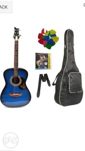 Blue And Black Acoustic Guitar And Black Guitar Bag