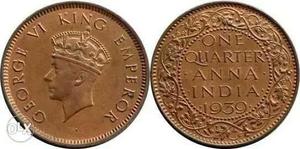  INDIAN ¼ Anna (quarter) coin...b of